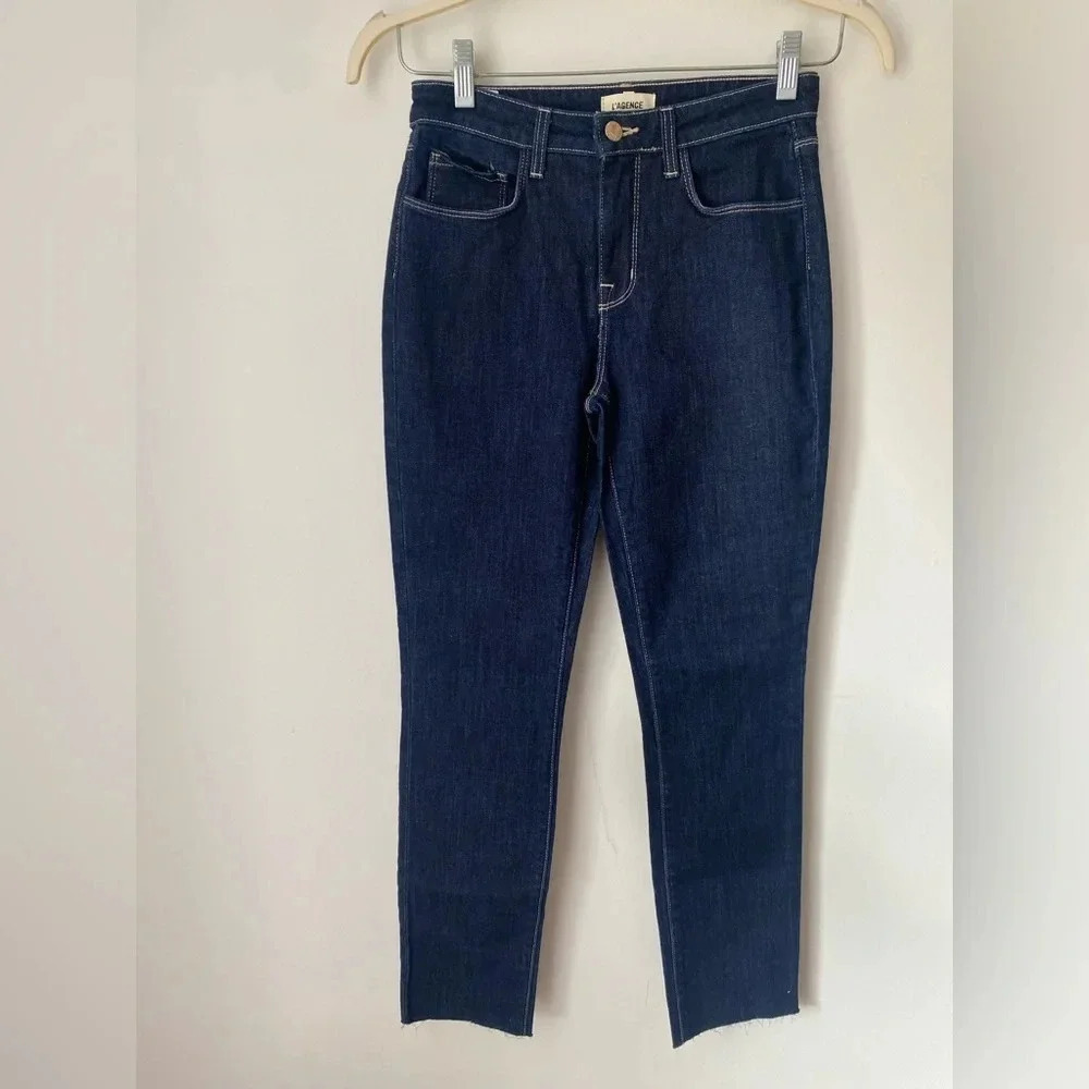 L’AGENCE Luna Jeans Women’s 25 Dark Wash Denim High Rise Straight Leg Raw Hem